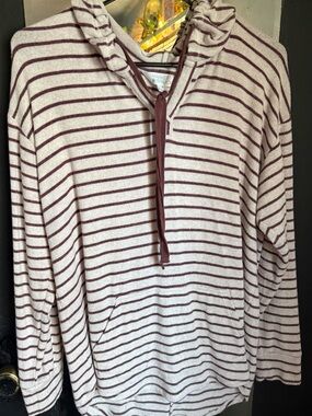 Market & Spruce Men's Cream and Burgundy Striped Zip Hoodie Sweater